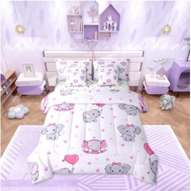 Imagem de Erosebridal Jogo de cama casal de 7 peças de elefante fofo com desenho animado de animais para quarto de bebê, rosa, em forma de coração, com lençol kawaii, vida selvagem, enchimento de edredom floral