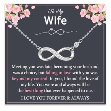 Imagem de PODLEV Presentes de Dia dos Namorados para esposa, colares de zircônia infinita de prata ajustável de 40,6 cm + 5 cm para mulheres, presentes de aniversário, Natal, Dia das Mães, joias românticas para