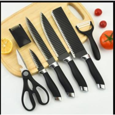 Imagem de Conjunto de Facas de Cozinha 6 Peças Antiaderente em Aço Inox – Kit Profissional para Cozinha e Churrasco(preto)