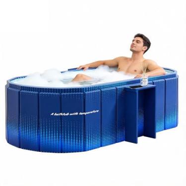 Imagem de HLCZLUZ Banheira dobrável portátil, banheira independente sem instalação, banheira de imersão de spa de banheiro, box de chuveiro dobrável quente e banheira de gelo (azul com rack de armazenamento