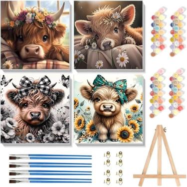 Imagem de Pacote com 4 kits de pintura por números para adultos com tela emoldurada – com cavalete de madeira, pintura artística número de vaca Highland por número em tela, kits de pintura a óleo acrílica DIY