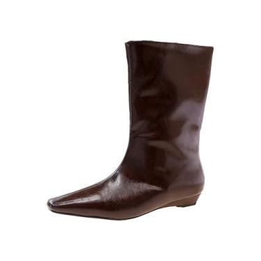 Imagem de Lymphvity Botas femininas de bico fino, cano médio, cano médio, cano largo, salto baixo, botas longas de couro, sem fecho, para festa, Marrom, 38