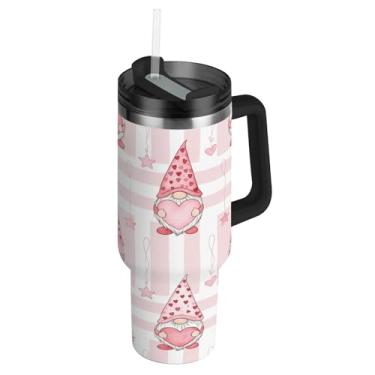 Imagem de ATTX Copo padrão de gnomos Valentine de 1,134 g com alça, copo de aço inoxidável a vácuo de parede dupla com palha, caneca de café de viagem isolada #128