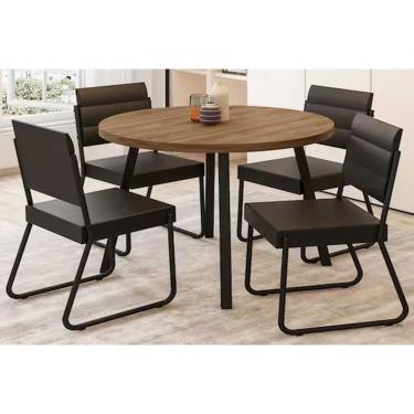 Imagem de Sala de Jantar Completa Stellar 1599 Aço c/ Tampo Madeirado 100x100cm e 4 Cadeiras 1736 Preto/Nogal - Preto - Carraro