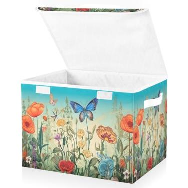 Imagem de Blueangle Cestos de armazenamento de libélulas de flores coloridas com tampas, 42 x 32 x 30 cm, grande cesta organizadora dobrável para decoração de casa e escritório (270)