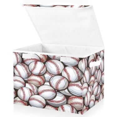 Imagem de Blueangle Caixas de armazenamento com padrão de bolas de beisebol com tampas, 42 x 32 x 30 cm, grande cesta organizadora dobrável para decoração de casa e escritório (529)