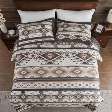 Imagem de SahSahCasa Conjunto de colcha king, 100% algodão, conjunto de edredom king, colcha acolchoada listrada asteca, conjunto de cama king, colcha de cama leve reversível para todas as estações, mocha/preto