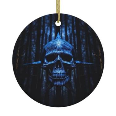 Imagem de Pingente redondo de cerâmica com listras azuis e caveiras 3 estampadas, pingentes de porcelana, decoração criativa de Natal
