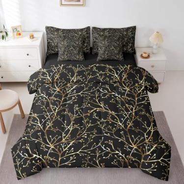 Imagem de Feelyou Conjunto de cama Queen com ramo metálico, preto, dourado, galhos de árvores, para adultos, meninos, meninas, estampa de flores, conjunto de edredom com lençol com glitter dourado