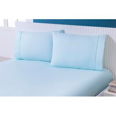 Imagem de Jogo Lençol 3 Peças Cama Casal 188x138 100% Algodão Ponto Palito (Verde-água, 30cm, 200)