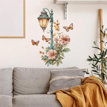 Imagem de Adesivos de parede de borboleta de flor de lâmpada de rua, decalques de parede de arte floral removível de vinil para quarto, sala de estar, sofá, fundo de TV, decoração de casa