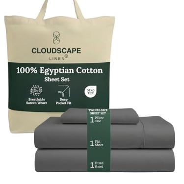 Imagem de Conjunto de lençóis de algodão egípcio de camada dupla Cloud Scape Linen Twin XL – Tecido de cetim de fibra longa, conjunto de cama essencial de 3 peças de qualidade de hotel macio, bolsos profundos