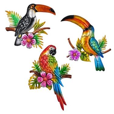 Imagem de Tuokiuhn Decoração de parede de pássaro de metal arara de tucano decoração arte de parede de pássaros arte de parede tropical adequada para cerca ao ar livre decorações de parede de pátio conjunto de 3