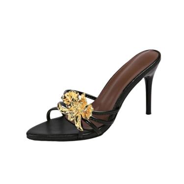 Imagem de Sandálias femininas de salto alto com bico fino floral e bico aberto, design de cor sólida para uso casual primavera verão, Preto, 38
