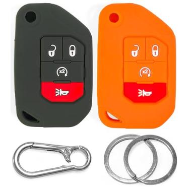 Imagem de Click&Fit Capas de chaveiro de silicone compatíveis com Jeep Wrangler Rubicon 2018-2024, Gladiator Sahara 2020-24 – capa protetora para chave de controle remoto de carro, 4 botões, 68292944AA