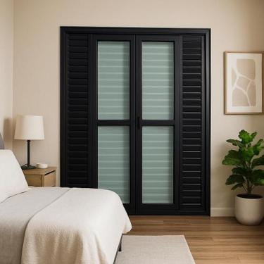 Imagem de Porta Balcão 6 Folhas 210x200 Alumínio Preto Linha 25 Com Fechadura - 