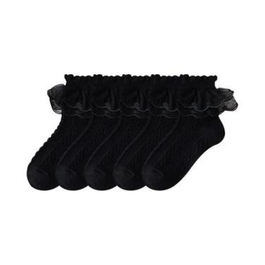 Imagem de Meias De Algodão Com Renda E Babados Para Meninas, 5 Pares, Respirávei