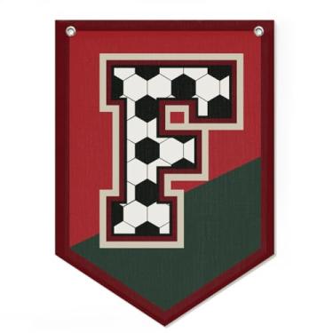 Imagem de Bandeira de futebol com letra F, arte de parede, decoração de quarto de meninos, bandeira de galhardete com nome vintage para berçário, quarto infantil, sala de jogos, decoração de parede para