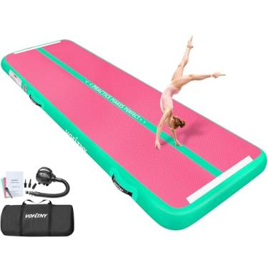 Imagem de Tapetes de ginástica infláveis VOFiTNY de 2 m 10 cm de espessura para casa/ginástica/torcida/tombada rosa/verde