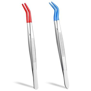 Imagem de Pinças com ponta de borracha, 2 peças de pinças de artesanato revestidas de PVC de precisão de aço inoxidável conjunto de pinças de joias curvas para artesanato, carimbos, moedas, joias, laboratório