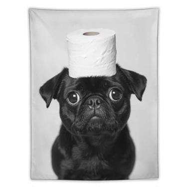Imagem de Tapeçaria de chapéu de papel higiênico de cachorro Pug preto e branco impressão artística para quarto sala de estar dormitório decoração de casa com design engraçado de pequeno animal de estimação