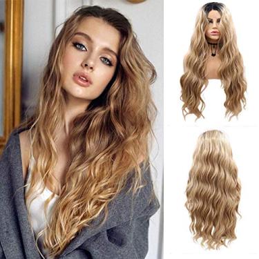 Imagem de Perucas de renda frontal loira mel para mulheres, ondulado, preto, ombré, destaque, marrom, syntehic, peruca frontal, longa, encaracolada, sem cola, cabelo de fibra sintética resistente ao calor