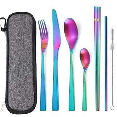 Imagem de AARAINBOW Conjunto de talheres de viagem de aço inoxidável com 7 peças, portátil, reutilizável, incluindo pauzinhos, faca, garfo, colher, canudos, escova de limpeza, lavável na lava-louças
