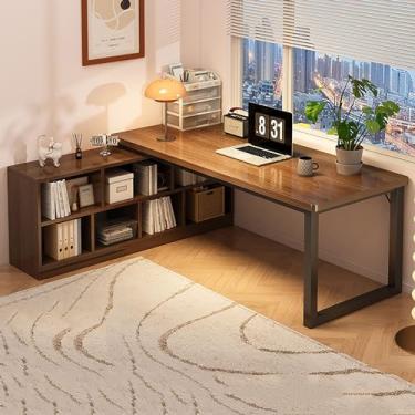 Imagem de Mesa reversível moderna em forma de L com prateleiras e armário de arquivos, estação de trabalho de canto para escritório em casa, mesa de computador espaçosa (119 x 78 x 76 cm), acabamento branco