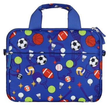 Imagem de Foxstory Bolsa para tablet para meninos e crianças, bolas de futebol azul, poliéster resistente à água, fecho de zíper, alça de ombro, 32 x 25 x 3,3 cm, adequado para Fire HD 10, HD 8, Fire 7, 3-12