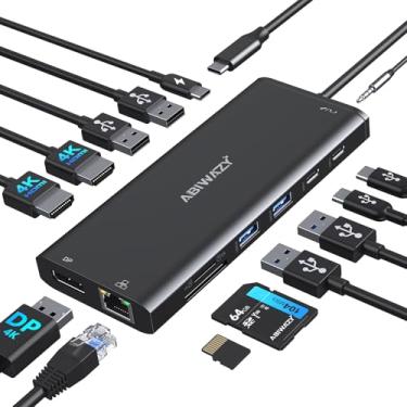 Imagem de Estação de ancoragem USB C com 3 monitores, hub USB C, laptop, adaptador multiportas, dongle, USB C para 2 HDMI, DisplayPort 4K, carregamento PD, Ethernet, 7 portas USB C/A, SD/TF, áudio para