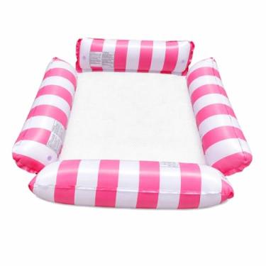 Imagem de Boia Inflável Rede Poltrona com Encosto, Tela Vazada, Listras Coloridas, 120cm, Suporta até 150kg, para Piscina e Praia Chácara Cadeira Flutuante, Flutuador Verão Férias Final de Semana (Rosa)