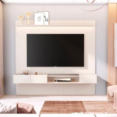 Imagem de Painel Liso para Tv 84 Polegadas com Nicho e Prateleira com Led Vitoria Regia Off White