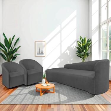 Imagem de Kit Sofá Curvo França 250cm L.e E 2 Poltronas Luiza Max Conforto, Elegância E Design Moderno Linho Cinza Escuro