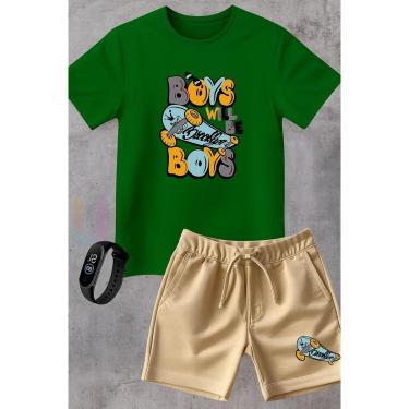 Imagem de Conjunto Infantil Camiseta e Short Moletinho Moda Verão Skate Street Brooklyn com Relógio Digital-Unissex