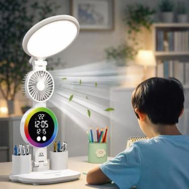 Imagem de Luminária de Mesa com Ventilador LED RGB Relógio Digital Touch Tipo C 