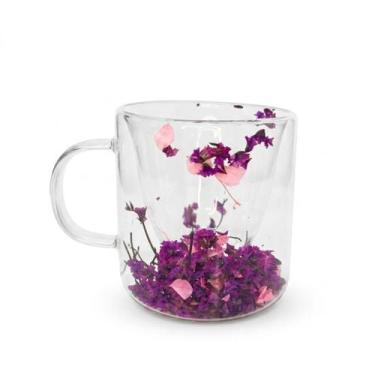 Imagem de Xícara de Café 110ml em Vidro Duplo com Flores Secas Copo Térmico Tran
