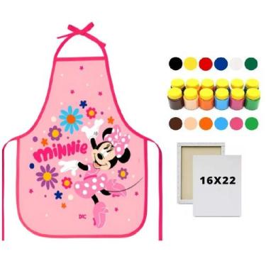 Imagem de Kit Avental Escolar PVC Minnie Pink + Tela de Pintura 16x22 + Guache 1