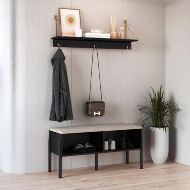 Imagem de Conjunto Sapateira Banco Estofada e Prateleira Pé Madeira Oslo - Artes