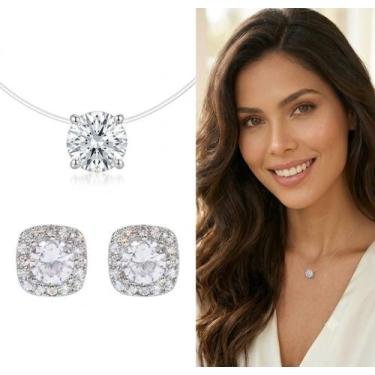 Imagem de Conjunto Brinco e Colar Feminino Ponto Luz Prata 925 8mm Fio Invisível