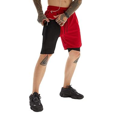 Imagem de Shorts de Corrida Masculino Secagem Rápida Respirável com Compressão Interna Shorts Esportes Casual Calça de Treinamento de Academia Vermelho M