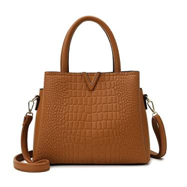 Imagem de Bolsa de mão feminina clássica de couro com estampa de crocodilo bolsa de ombro de grande capacidade, Marrom, Large