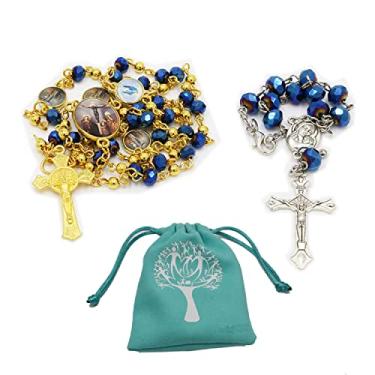 Imagem de Rosário Cristão Pacote Católico Rosário e Roary de Carro Feito de Cristal de Vidro Azul Colares e Pulseira para Mulheres, Homens, Crianças. Presentes Religiosos de Terço de Uma Década