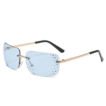 Imagem de Óculos de sol retangular sem aro feminino Óculos de sol sem armação de cristal para senhoras Guarda-sol Óculos UV400, C04 Ouro Azul, Com uma bolsa