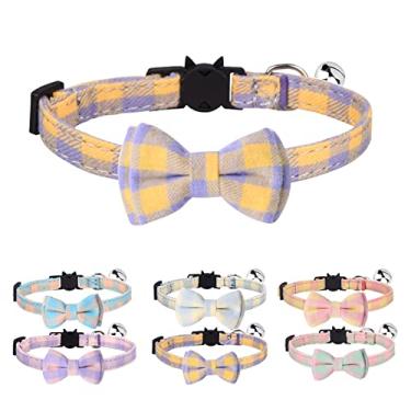 Imagem de MAKASI Coleira para gato com gravata borboleta e sino, estampas xadrez fofas, coleiras de segurança para gatinhas (amarelo roxo)