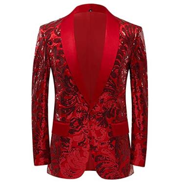 Imagem de Blazer de lantejoulas masculino floral terno jaqueta um botão casaco de lapela festa casamento roupas de formatura slim fit cor sólida casaco casual, vermelho, M (busto: 109cm)