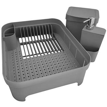 Imagem de Kit Pia Cozinha Escorredor Pratos Lixeira 2,5L Porta Detergente Chumbo