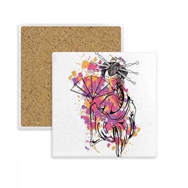 Imagem de Porta-copos quadrado de geisha com cor de ponto de cultura japonesa, suporte de subplaca para caneca com pedra isolante