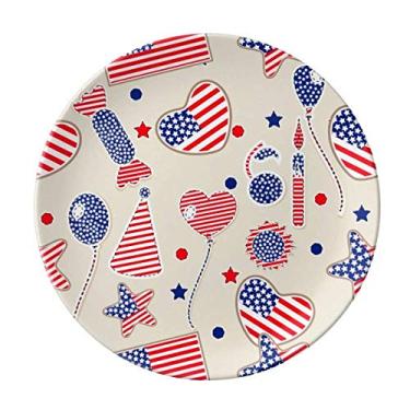 Imagem de Balão de balão dos EUA com bandeira de coração e estrelas, prato decorativo de porcelana salver talheres, prato de jantar