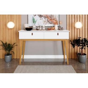 Imagem de Aparador/Bancada ABS Modelo Retrô Com Pés em Madeira Puxadores em Couro e 2 Gavetas Para Guardar Objetos Cor Branco Acetinado