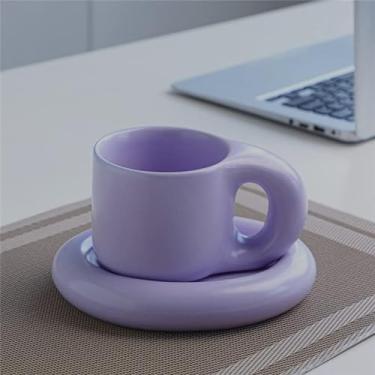 Imagem de Xícaras de chá e pires, caneca de café de cerâmica, conjunto de xícara de café, copo de alça grossa fofa com pires para mulheres dia dos namorados amigos festa de casamento casa (250 ml) - roxo